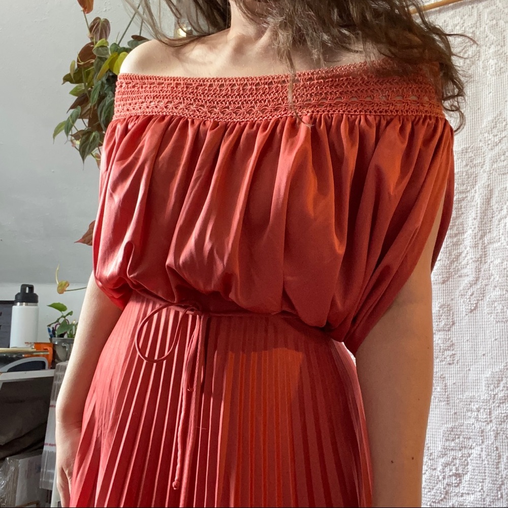 Vintage 70's Pleated Maxi Dress Off the Shoulder Sleeve Crochet Trim Satin - Picture 1 of 16